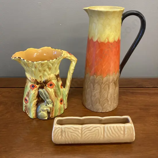 Vintage 1930s Burleigh Ware Rabbit Jug, 14cm, SylvaC 1965 Log Vase (AF), Art Deco Empire Ivory Ware Jug Vase, 23.5cm